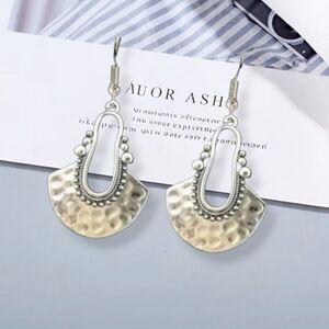 Boho Hammered 925 Silver Fan Shape Dangle Earrings